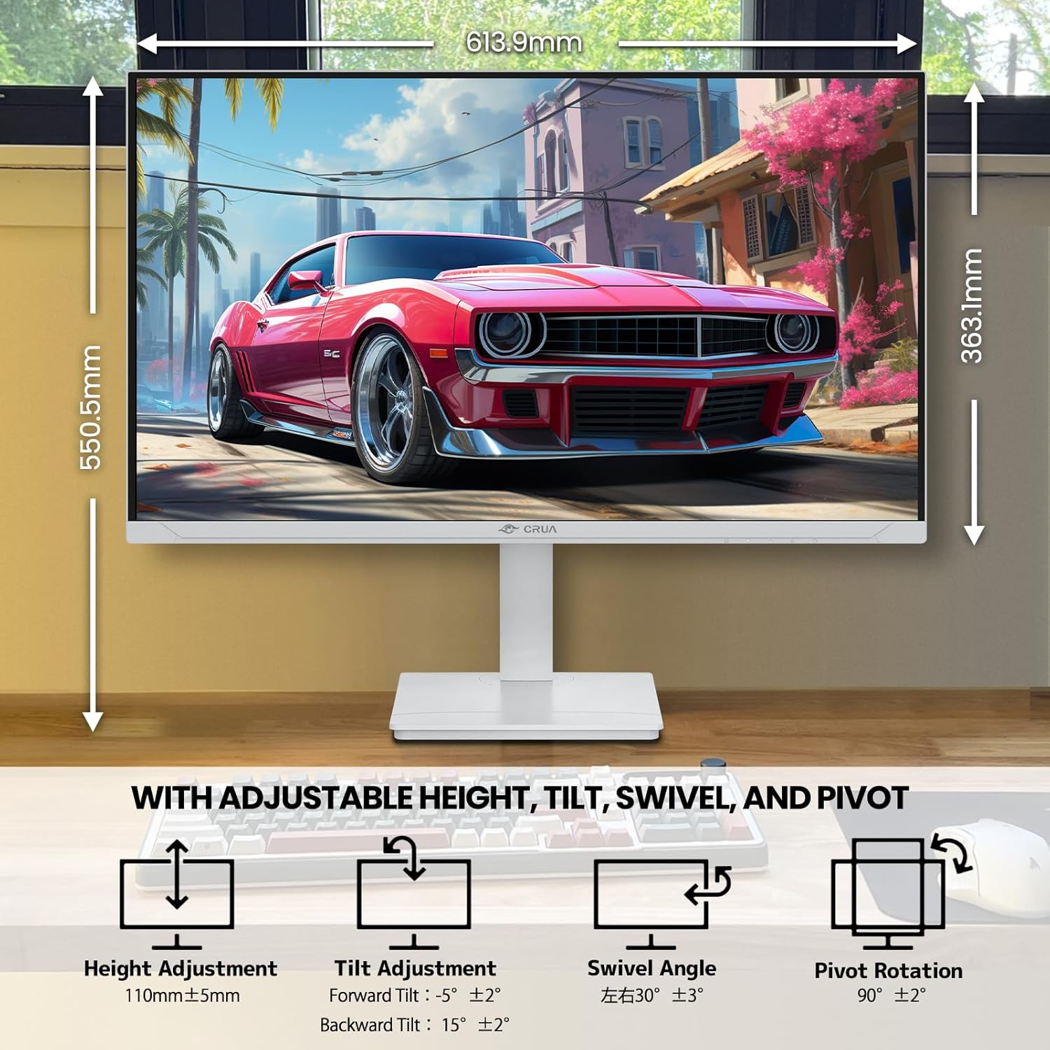 CRUA 27" Gaming Monitor  144Hz 4K UHD(3840*2160P) IPS Screen  Supports Height/Pivot/Rotating/Tilt Adjustable Vertical Monitor  AMD Freesync  120% sRGB  Built-in Speakers  Wall Mountable Installs-White