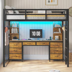 ADORNEVE Full Size Loft Bed with Desk and 8 Storage Drawers, Metal Loft Beds Full with LED Lights & Charging Sation, Heavy Duty Loft Bed Frame with 6 Storage Shelves, Space-Saving, Rustic Brown