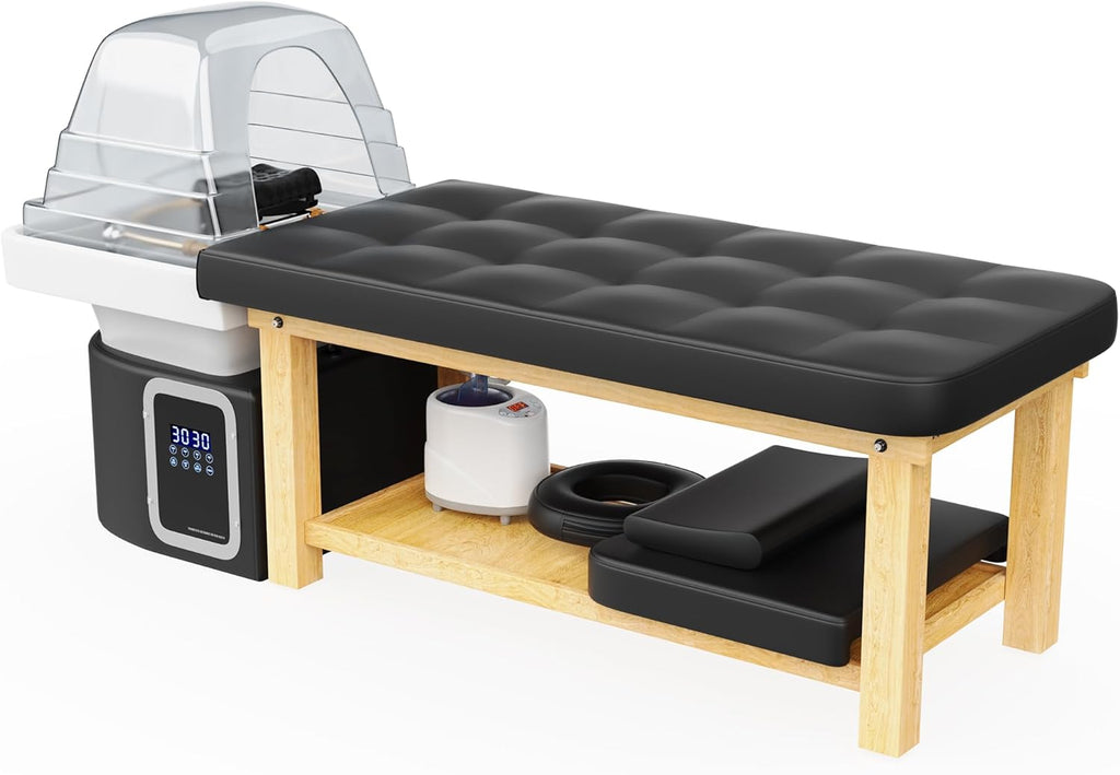 Dolonm Head Spa Shampoo Bowl Stationary Massage Table Set with Water Cycle & Fumigation Salon Equipment for Beauty Head Spa Physical Therapy Massage Salons, PU Leather Black, Wood Frame