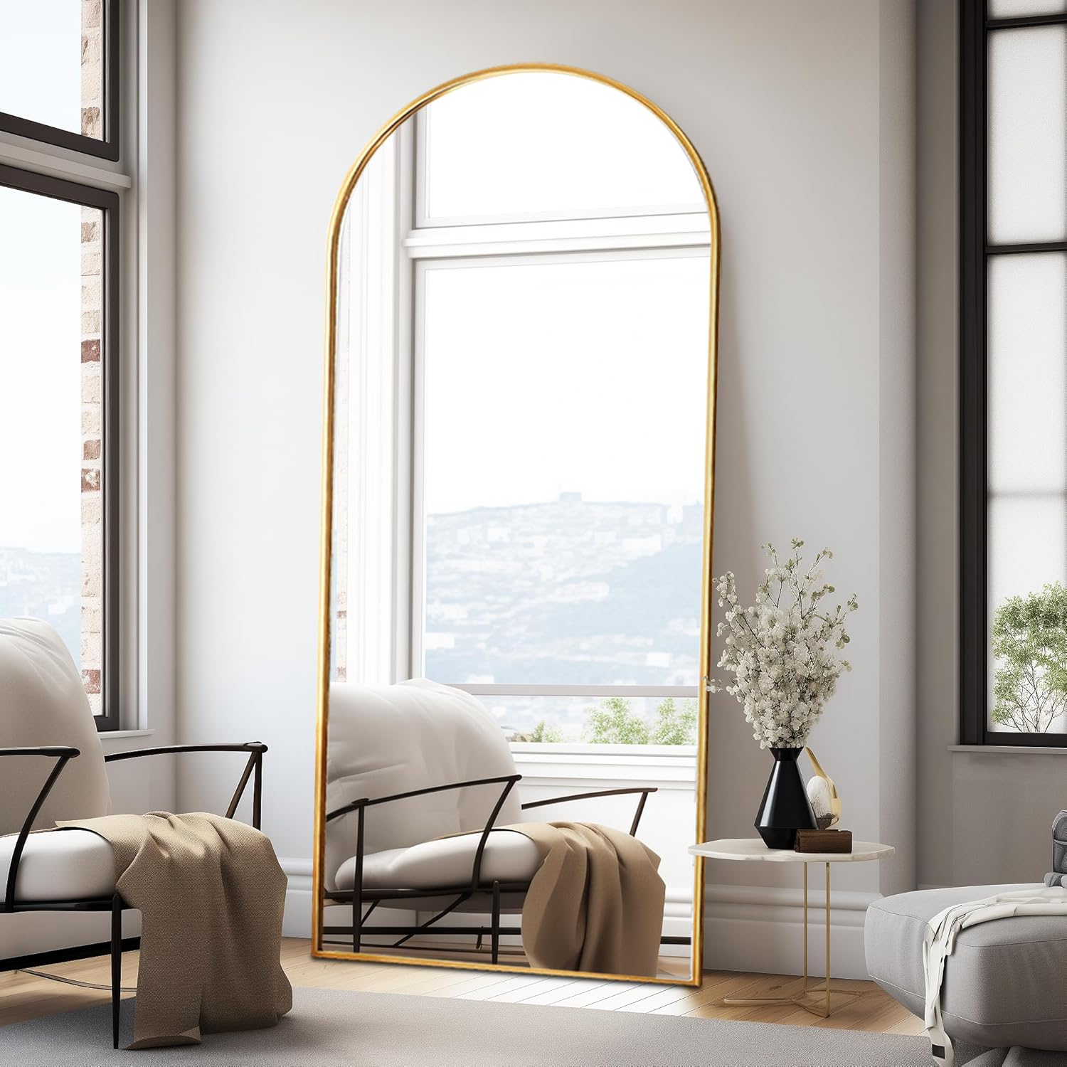 Floor Length Mirror, 76"x34" Arch Full Length Mirror Hanging or Leaning, Body Mirrors with Stand, Arched-Top Wall Mounted Mirrors with Aluminum Frame for Bedroom (Gold)