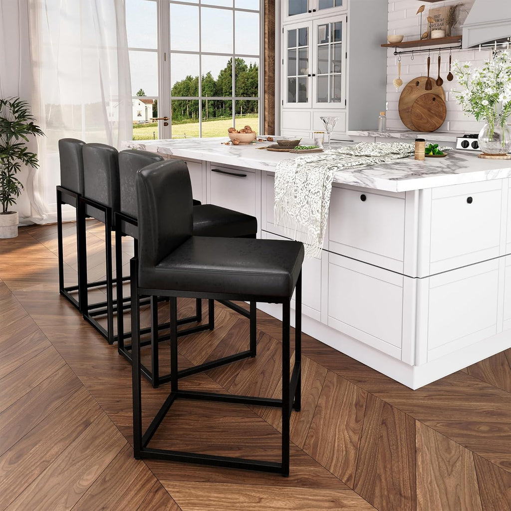 ALPHA HOME 24 Inch Bar Stools, Kitchen Counter Stools with Backs, Black Bar Stools Set of 4, PU Leather Barstools, Kitchen Stools with Back&Upholstered Footrest, Sturdy Chromed Metal Steel Frame