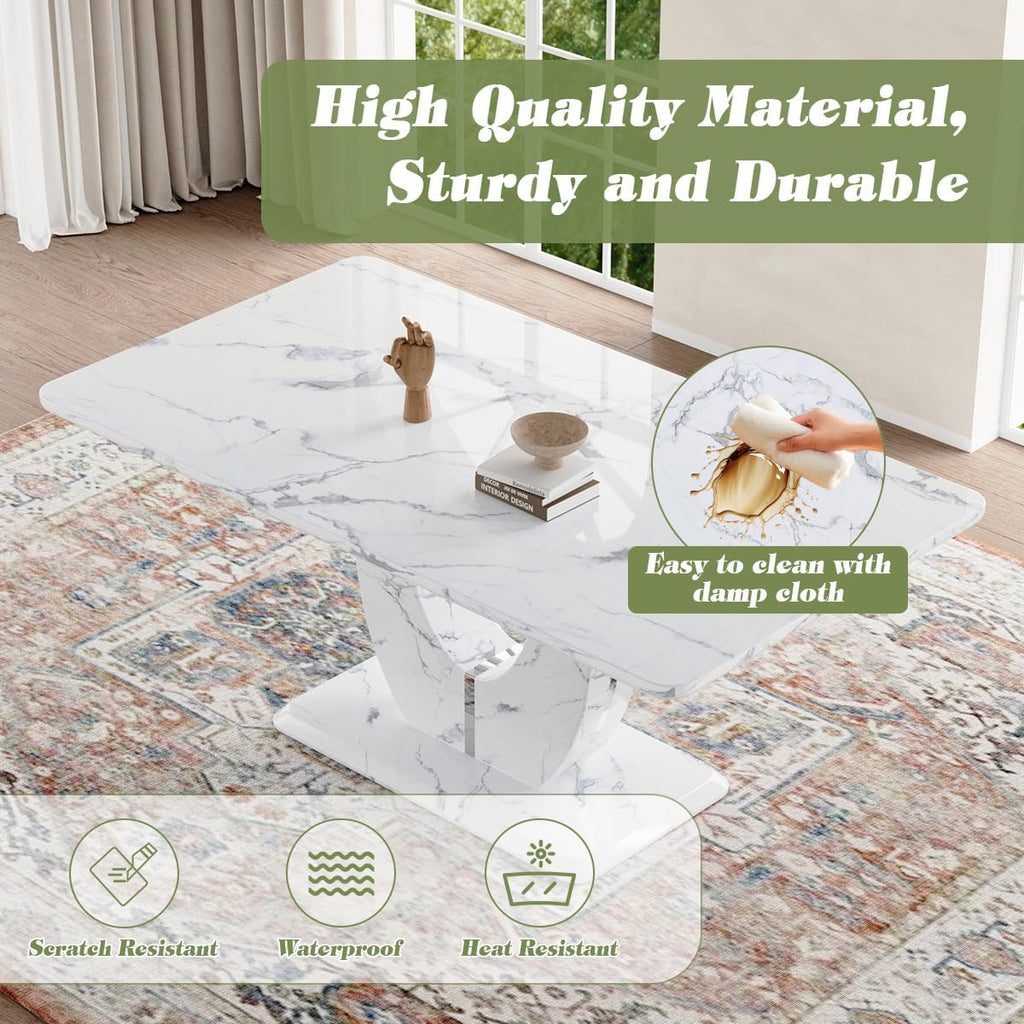 JUFU 63" Faux Marble Dining Table for 6, Modern Rectangular Kitchen & Dining Room Table, White Marble-Look MDF Top with U-Shaped Pedestal Base, Easy to Assemble