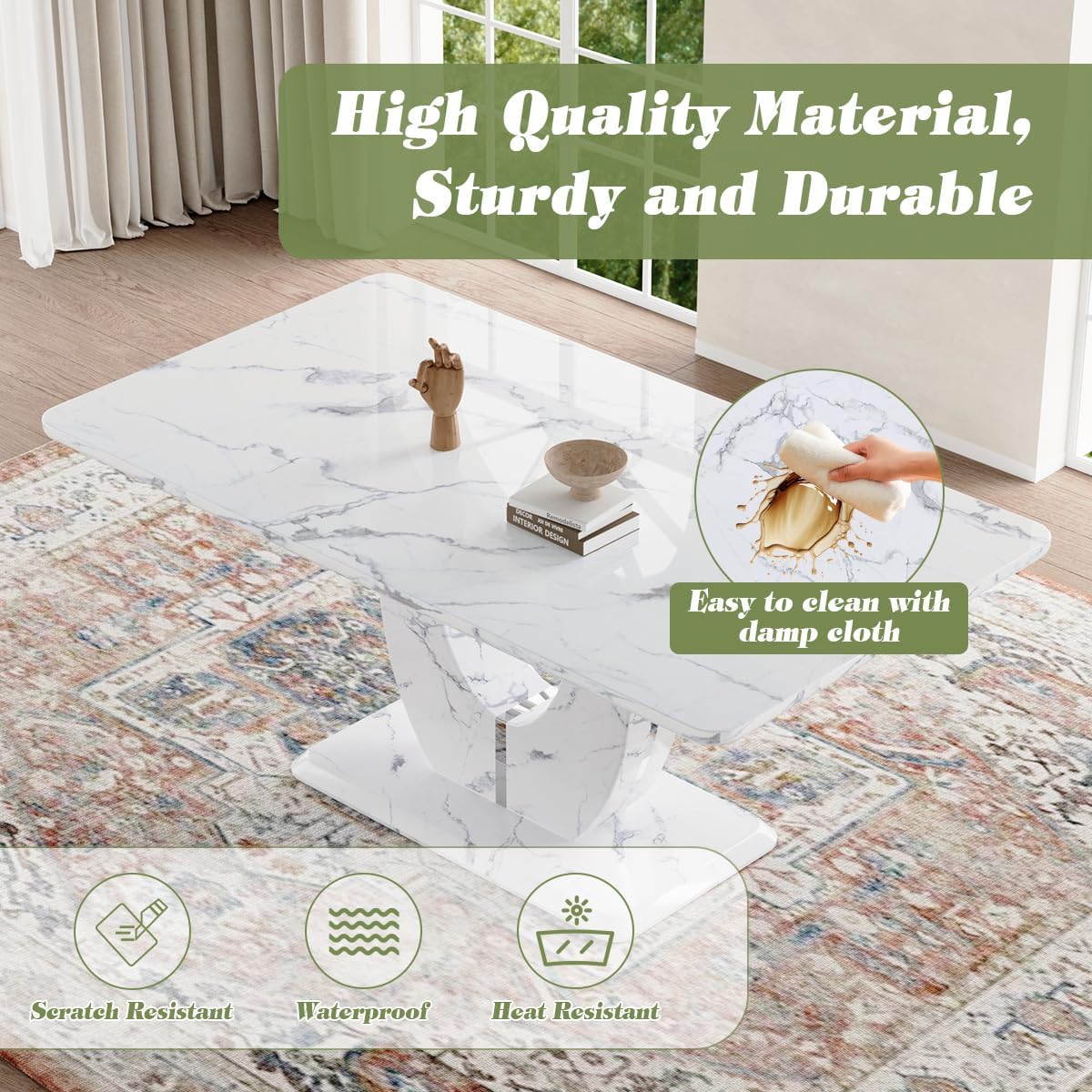 JUFU 63" Faux Marble Dining Table for 6, Modern Rectangular Kitchen & Dining Room Table, White Marble-Look MDF Top with U-Shaped Pedestal Base, Easy to Assemble