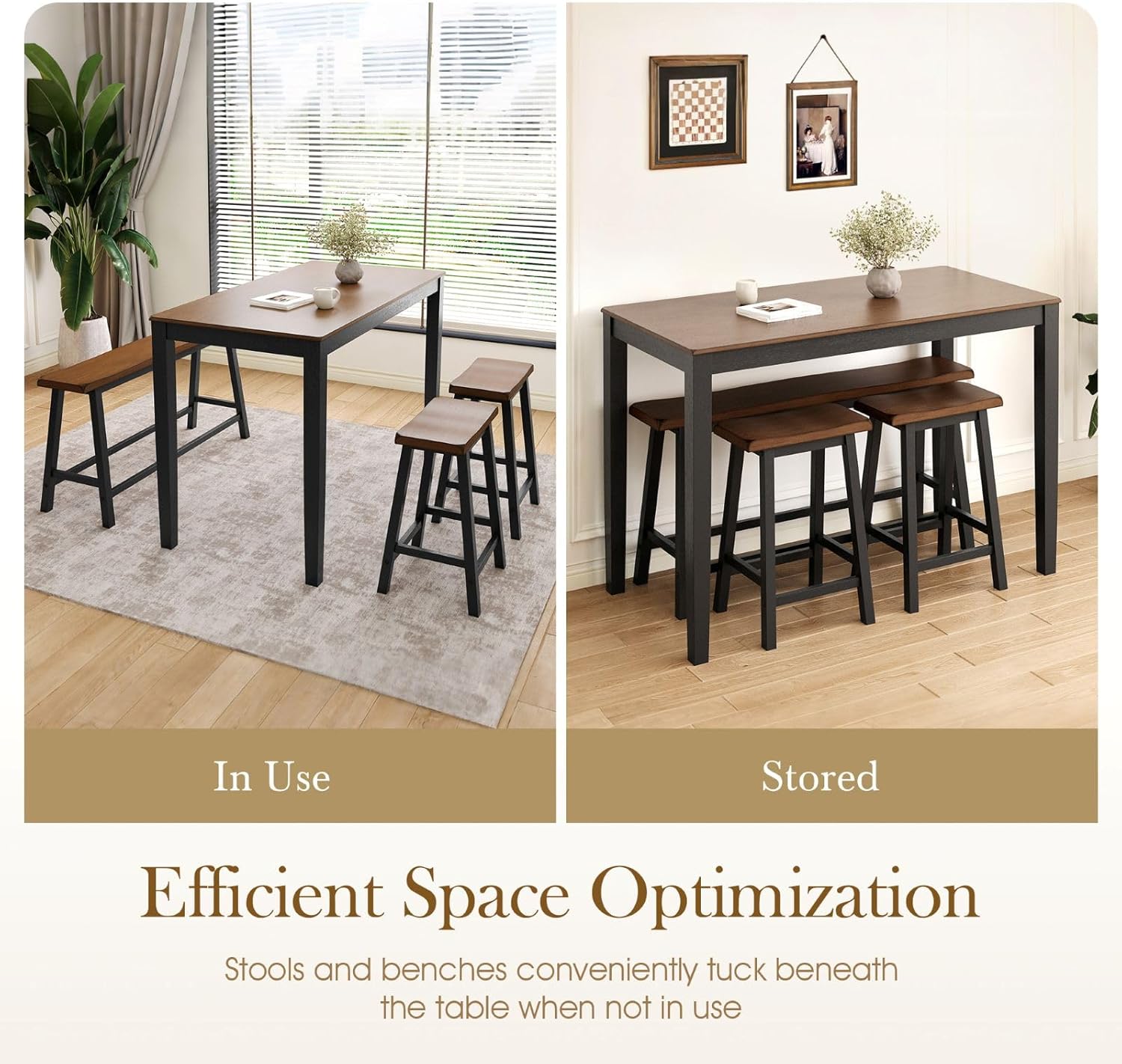Sophia & William Dining Table Set for 4, Counter Height Table and Chairs Set of 4, Wood Kitchen Table Set with Bench and Chairs, Rectangular Breakfast Dining Set Space Saving, Walnut & Black