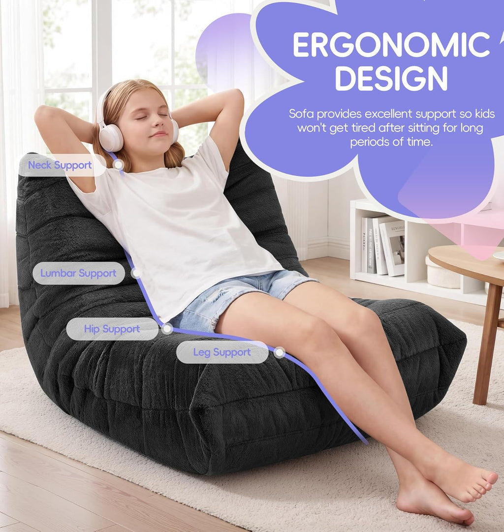Hobestluk Bean Bag Chair with Memory Foam Ultra Soft Faux Fur Fabric Ergonomic Design Small Bean Bag Couch Beanbag Chair for Living Room Bedroom Playroom(Black Plush Medium)