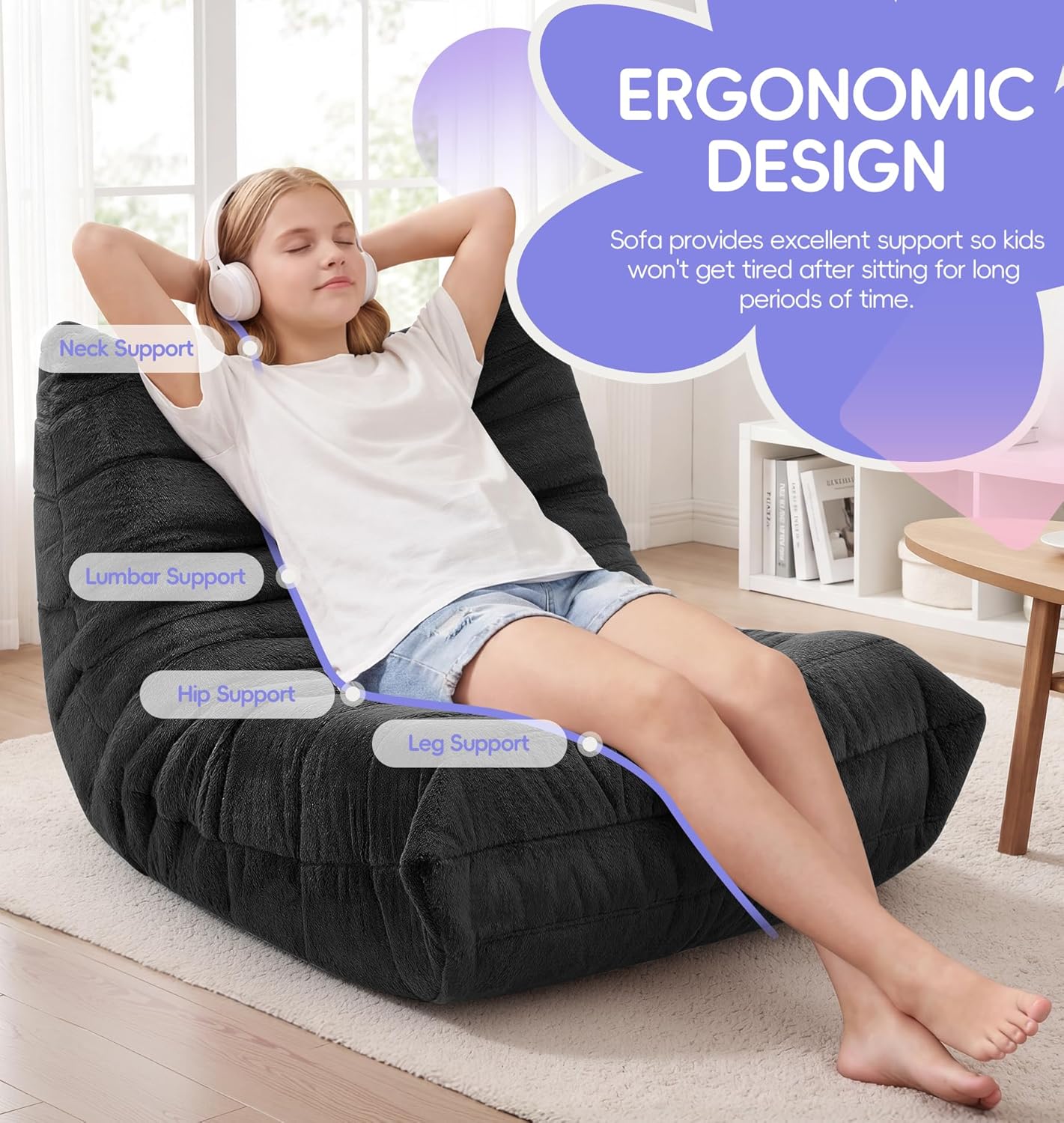 Hobestluk Bean Bag Chair with Memory Foam Ultra Soft Faux Fur Fabric Ergonomic Design Small Bean Bag Couch Beanbag Chair for Living Room Bedroom Playroom(Black Plush Medium)
