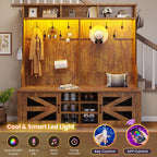 Itaar Hall Tree with Bench and Shoe Storage, 5-in-1 Entryway Bench with Coat Rack, 16 Shoe Cubbies & 12 Coat Hooks, Barn Door & Adjustable Shelf (Rustic Brown)
