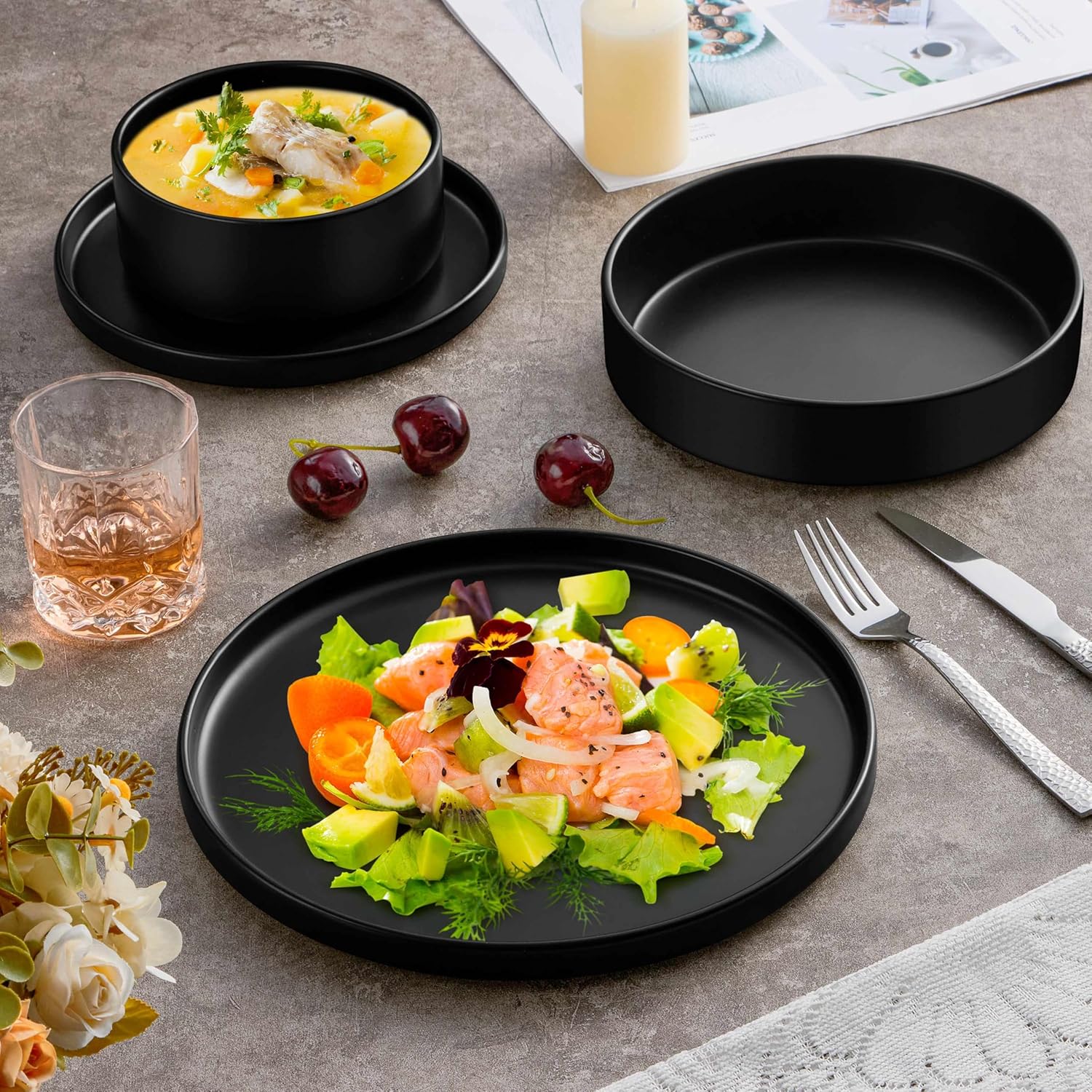 Herogo Dinnerware Sets with Pasta Bowls for 2, 8 Piece Dinner Salad Plates and Cereal Bowls, Stoneware Serving Dishes Dinner Ware for Home Kitchen, Dishwasher & Microwave Safe Dishware, Matte Black