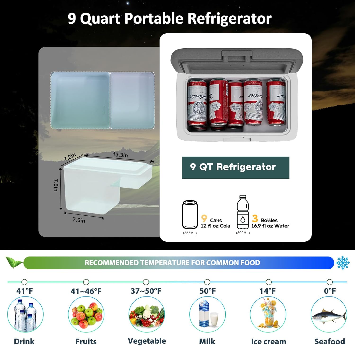 Alpicool MG9 Mini Portable Freezer, 12 Volt Car Refrigerator, 9 Quart Fast Cooling, with 12/24V DC and 100-240V AC for Outdoor, Camping, RV, Truck
