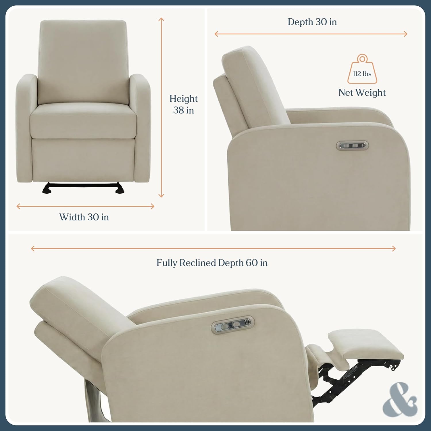 Nurture& The Porto Power Glider Recliner for Nursery | Modern Glider Chair with Power Recline | Built - in USB Charging Port | Space-Saving Design for Small Nurseries and Shared Spaces, Ivory