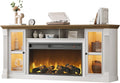 Farmhouse Fireplace TV Stand Up to 80" TVs, 70" Modern Highboy Entertainment Center with 36" Electric Fireplace & LED Lights, Media Console with Adjustable Shelves for Living Room, Antique White