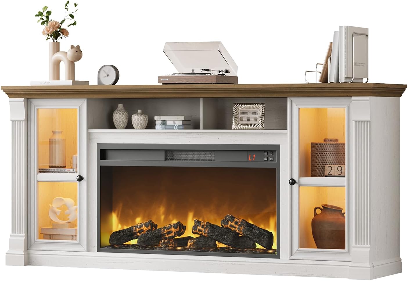 Farmhouse Fireplace TV Stand Up to 80" TVs, 70" Modern Highboy Entertainment Center with 36" Electric Fireplace & LED Lights, Media Console with Adjustable Shelves for Living Room, Antique White