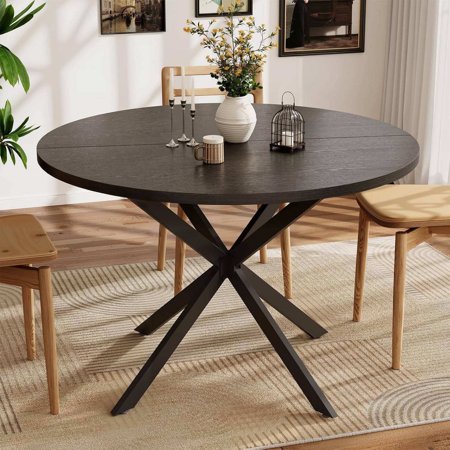 Vantic 47" Round Dining Table for 4-6 People, Modern Wood Kitchen Table for Small Space, Circle Dining Table with Metal Base for Kitchen & Living Room, Black
