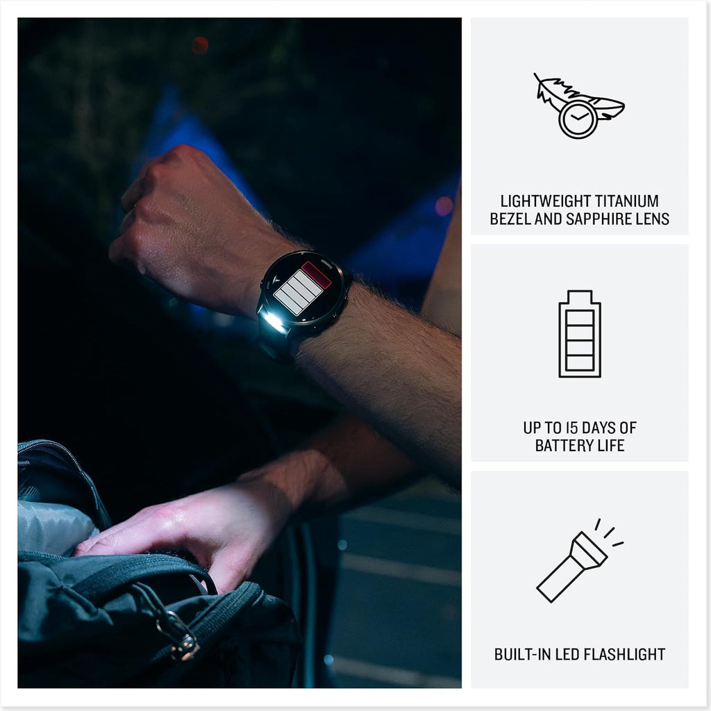 Garmin® Forerunner® 970  Premium GPS Running and Triathlon Smartwatch  AMOLED Display  Built-in LED Flashlight  Carbon Gray DLC Titanium with Black Case and Translucent Whitestone Band