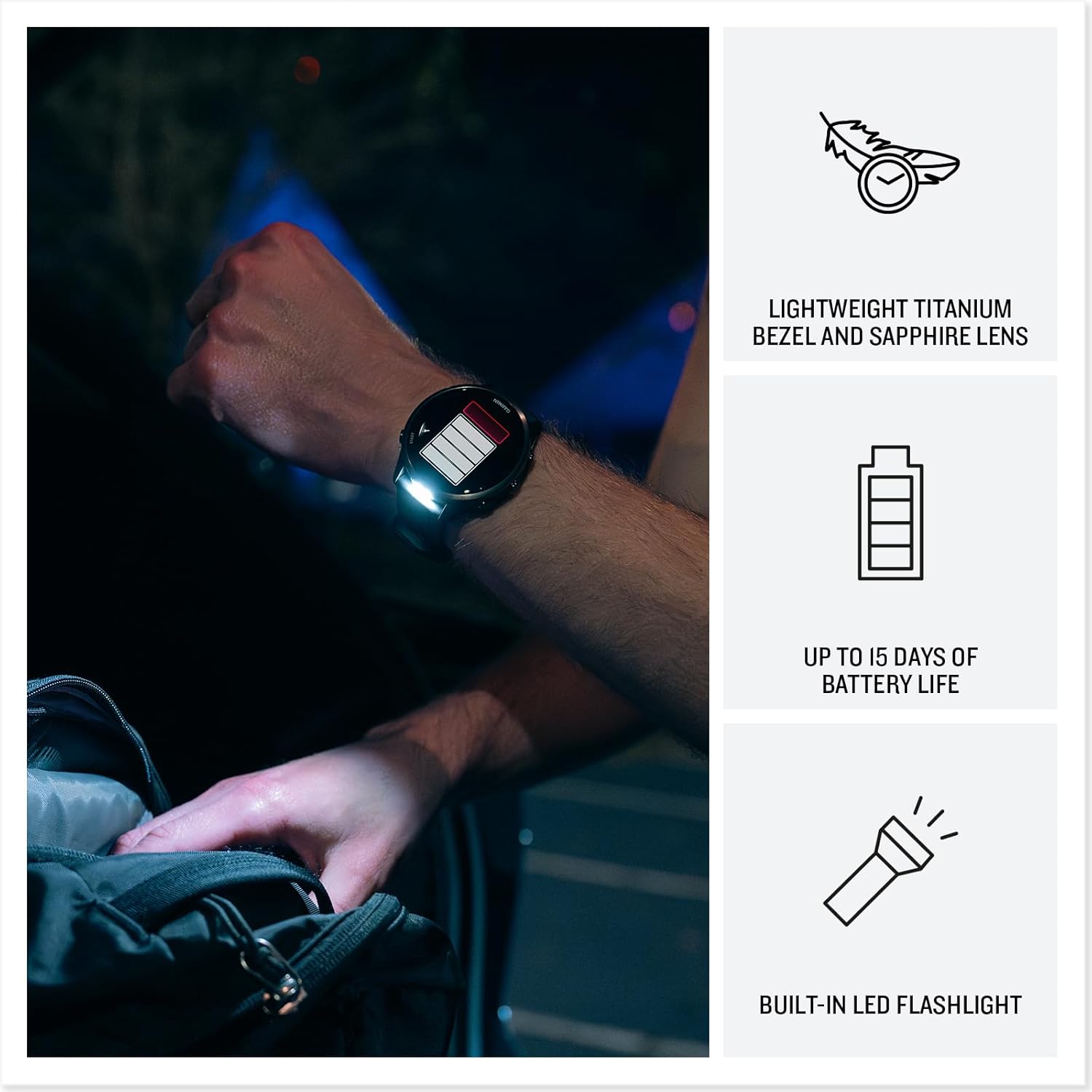 Garmin® Forerunner® 970  Premium GPS Running and Triathlon Smartwatch  AMOLED Display  Built-in LED Flashlight  Carbon Gray DLC Titanium with Black Case and Translucent Whitestone Band