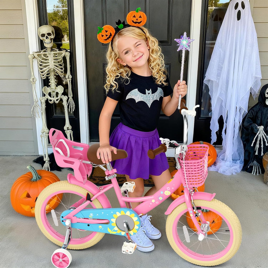 Glaf Toddler Girls Bike for Age 2-9 Years Old 12 14 16 Inch Girls Bike with Training Wheels and Doll Seat Kids Bike Bicycle with Basket Adjustable Seat