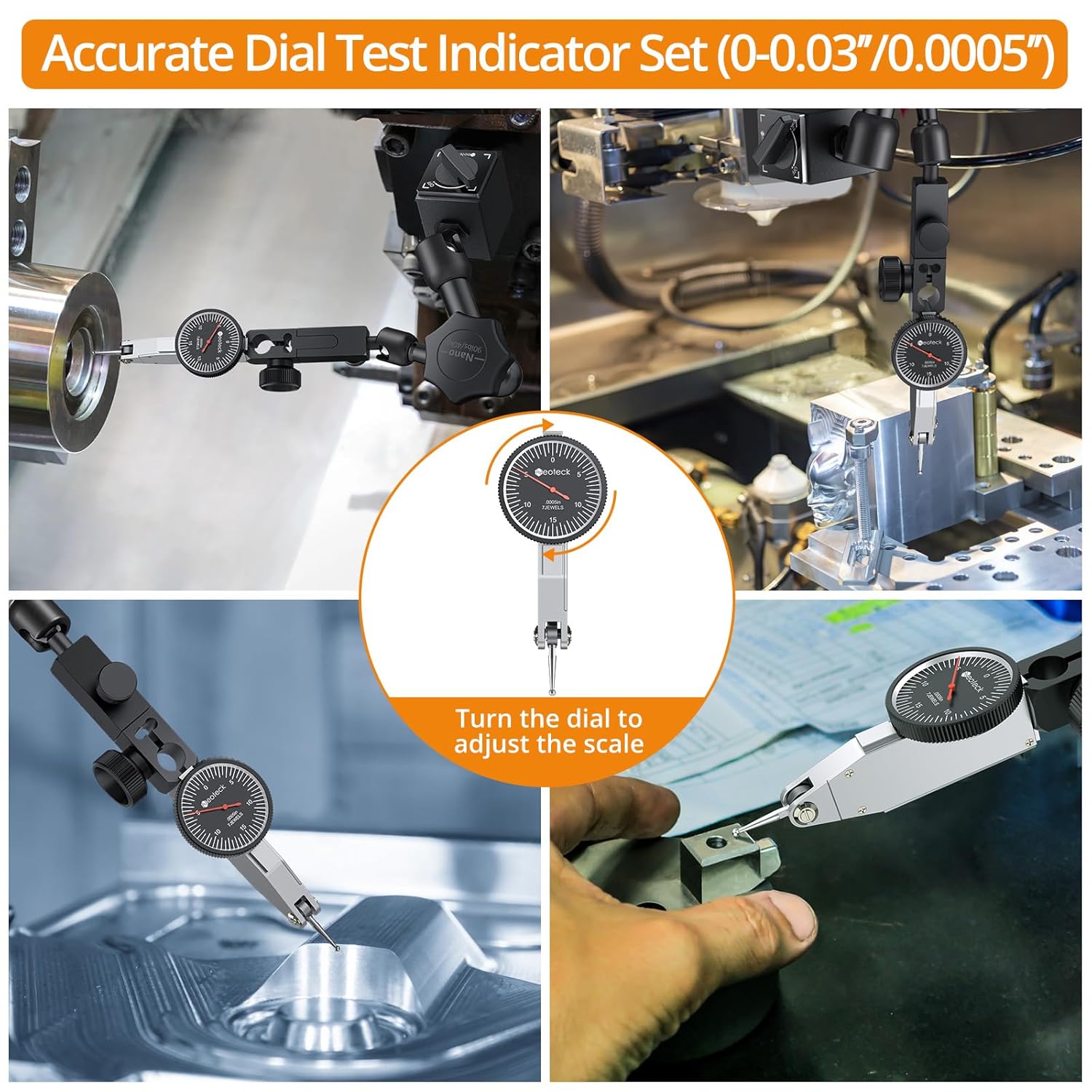 Neoteck Dial Test Indicator with Magnetic Base Stand and Storage Case, 0-0.03"/0.0005" Test Indicator Set with 2 Steel Dovetail Clamps 3/8'' and 5/32'' for Machine Set-Up-Black