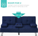 Best Choice Products Linen Modern Folding Futon, Reclining Sofa Bed for Apartment, Dorm w/Removable Armrests, 2 Cupholders - Dark Blue