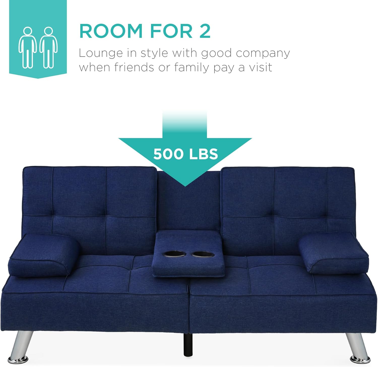 Best Choice Products Linen Modern Folding Futon, Reclining Sofa Bed for Apartment, Dorm w/Removable Armrests, 2 Cupholders - Dark Blue