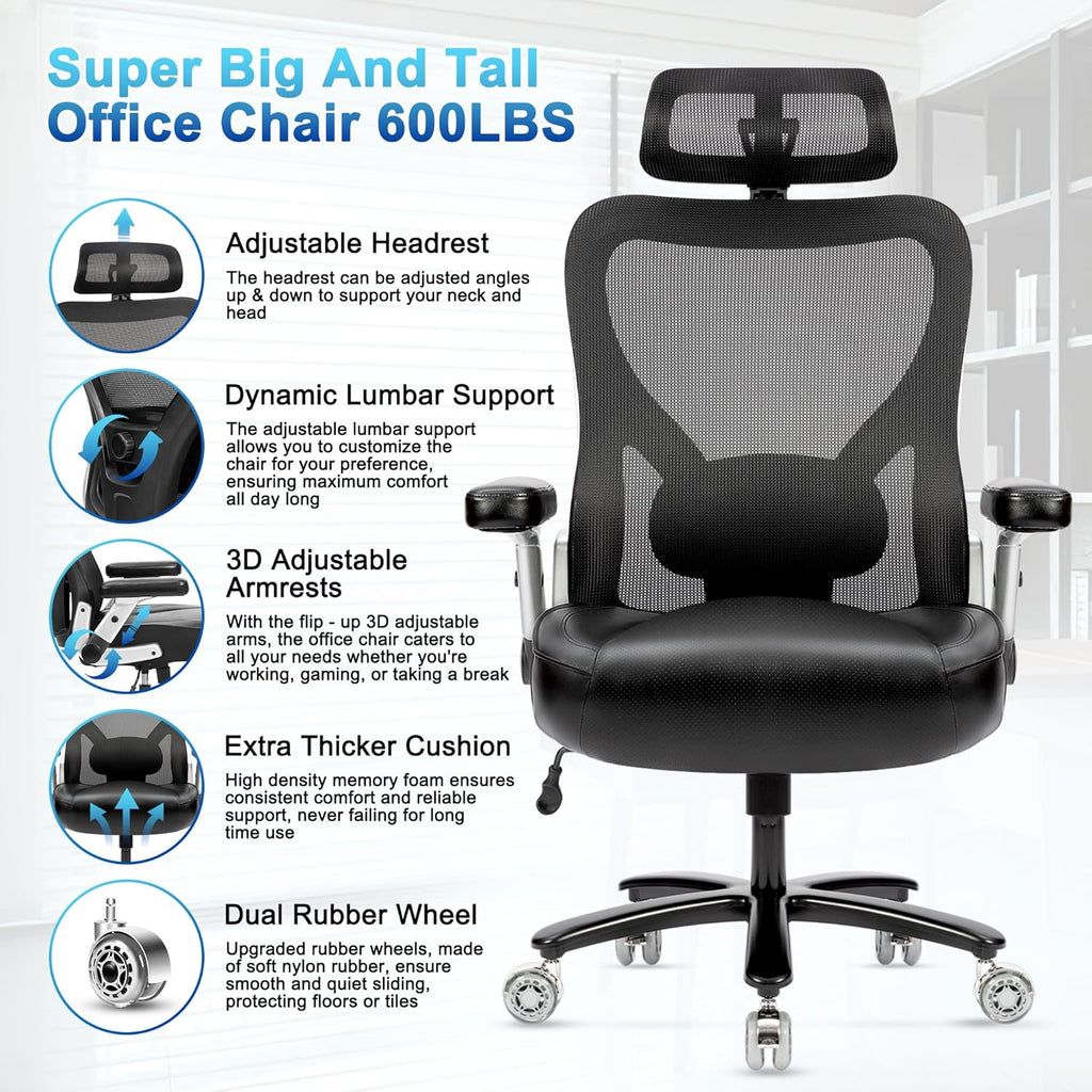 Super Big and Tall Office Chair 700lbs- Heavy Duty Executive Computer Chair with Rubber Wheels 3D Flip Arms, Ergonomic Mesh High Back Desk Chair, Extra Wide Seat Adjustable Lumbar Support & Headrest