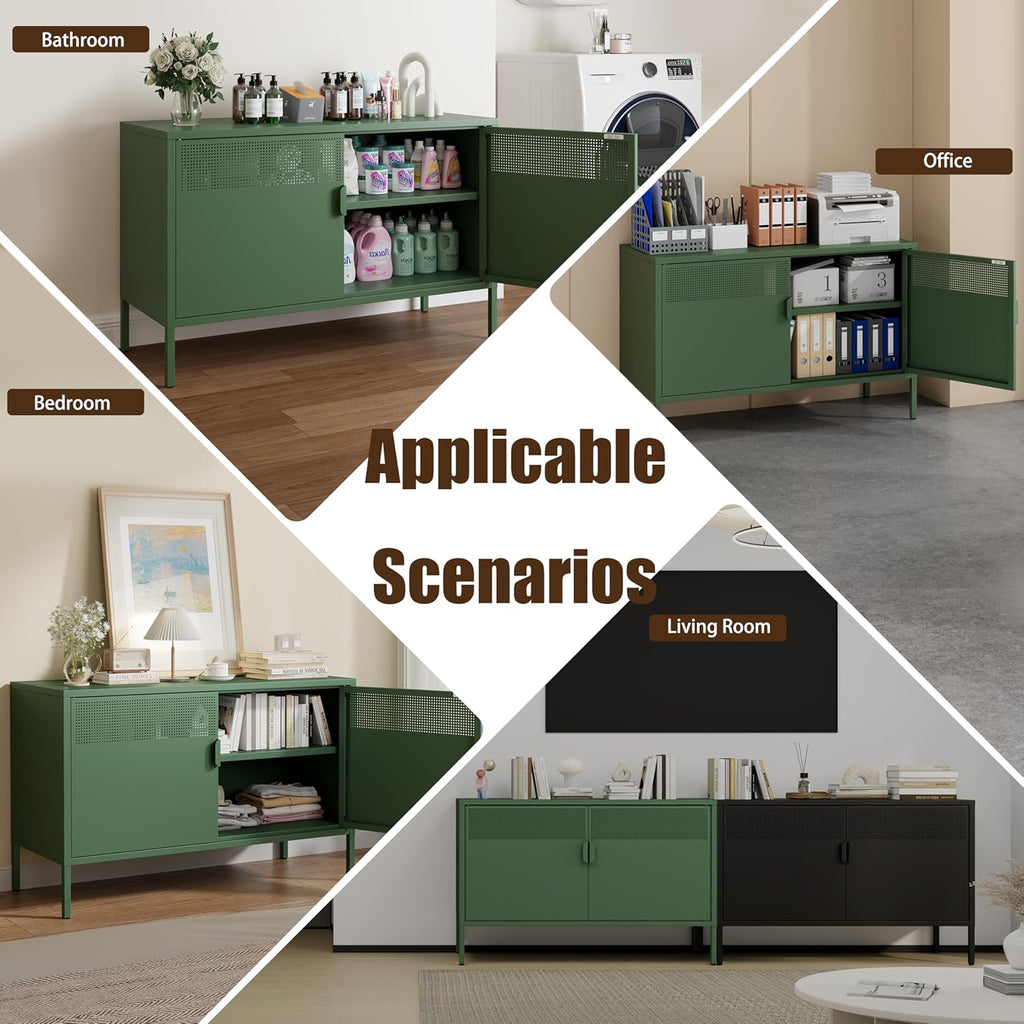 Metal Storage Cabinet with 2 Doors & Adjustable Shelves, 25" H Green Accent Cabinet, Metal Locker Storage Cabinets, Tv Stand Cabinet for Home, Office, Living Room, Entryway