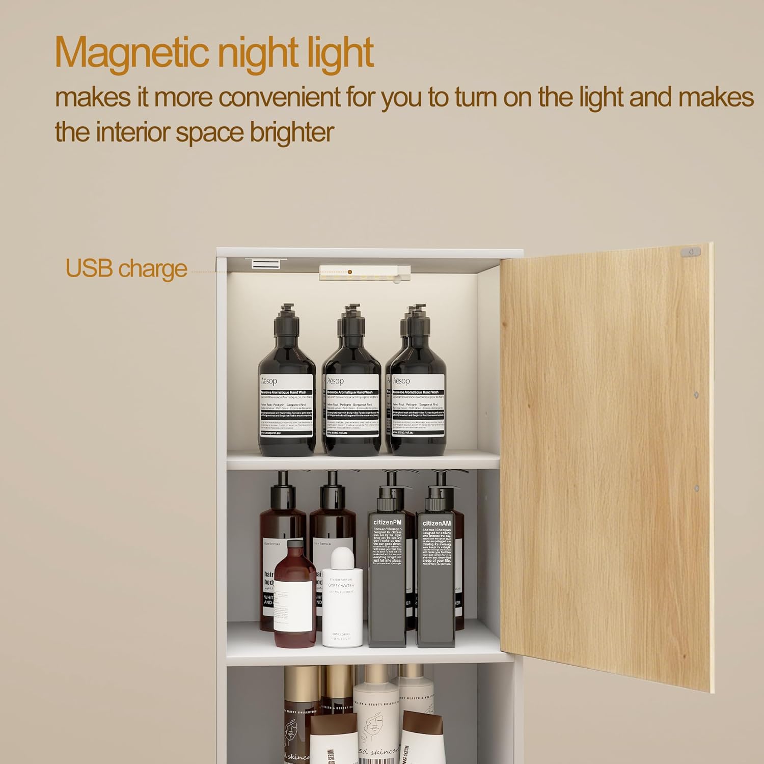 Tall Storage Cabinet, 13.15 Inch Narrow Bathroom Cabinet with USB Magnetic Light, Open Shelf, Magnetic Doors, 2 Adjustable Shelves, Anti-Tip Kit for Small Spaces, Living Room, White, 57.1" H
