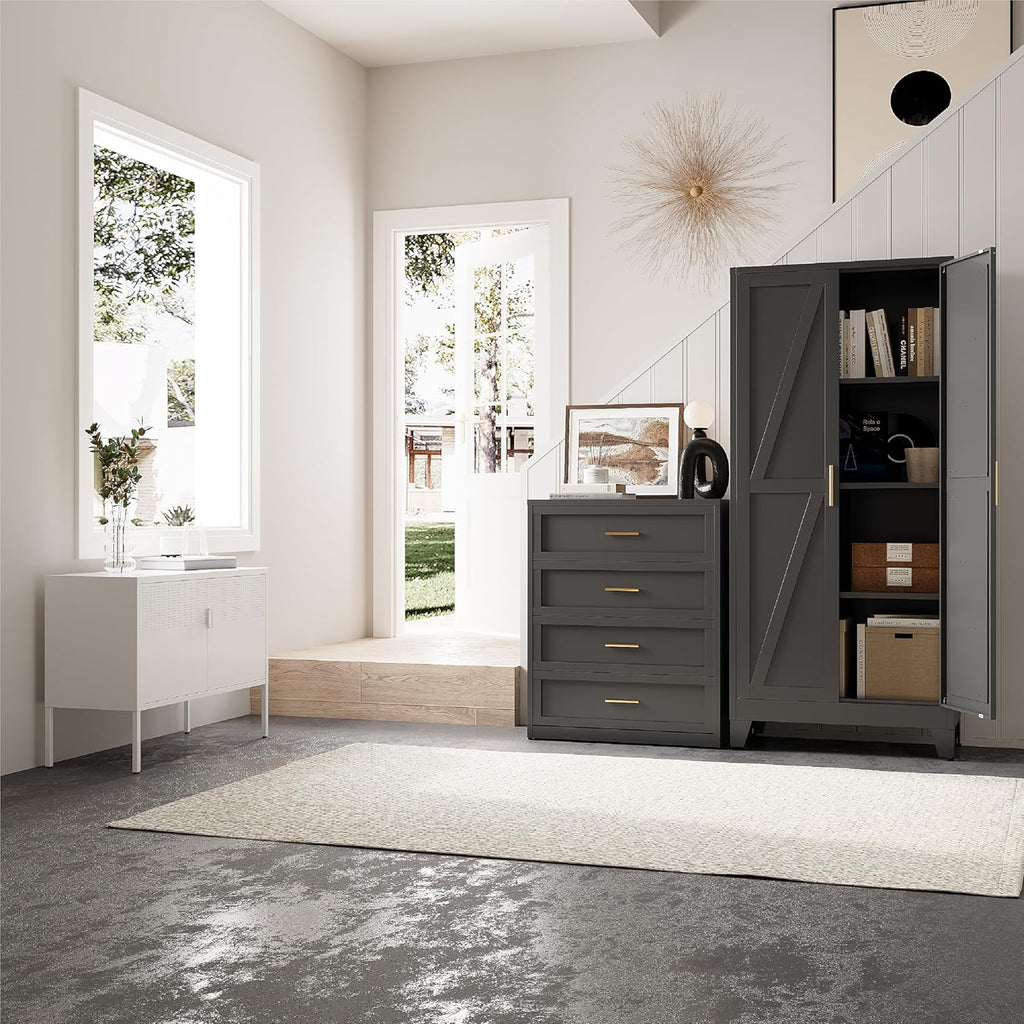 Metal Pantry Cabinet, 61”H Kitchen Pantry Storage Cabinets with 2 Doors & 3 Adjustable Shelves, Black Kitchen Pantries Cabinet, Tall Cabinet with 2 Gold Handles for Dining Room, Living Room