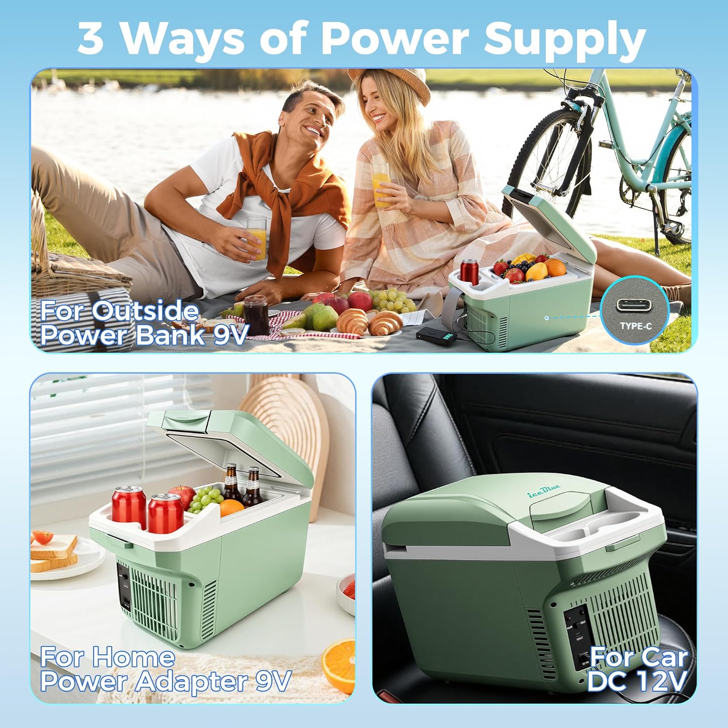 Iceblue Electric Cooler with Type-C, 8 Liter /11 Cans Mini Fridge with Belt, 9V Type-C Thermoelectric Dual-use Car Refrigerator, Car Fridge for Car, Dorm, Travel, Picnic, Gift (Green)