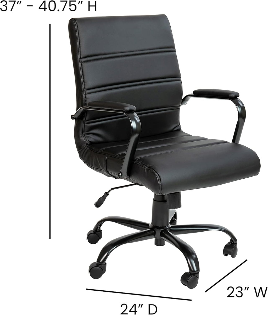 Flash Furniture Whitney Mid-Back Swivel LeatherSoft Desk Chair with Padded Seat and Armrests, Adjustable Height Padded Office Chair, Black
