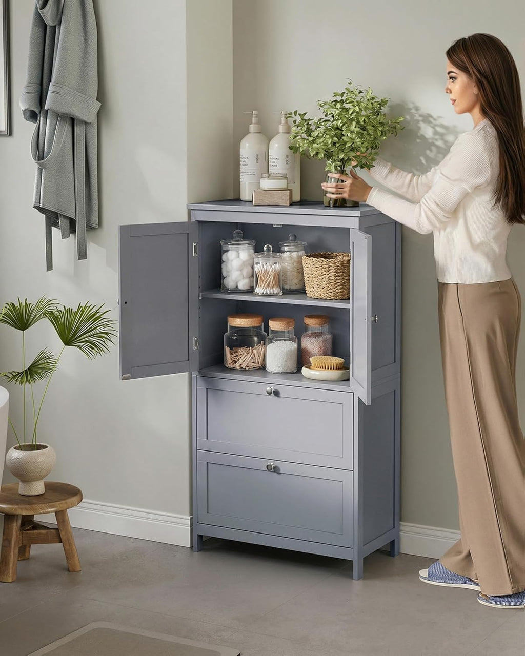 VASAGLE Floor Storage Cabinet, Freestanding Storage Unit with 2 Drawers and 2 Doors, Adjustable Shelf, 11.8 x 23.6 x 43.3 Inches, for Entryway, Bathroom, Dove Gray UBBC551G02V2