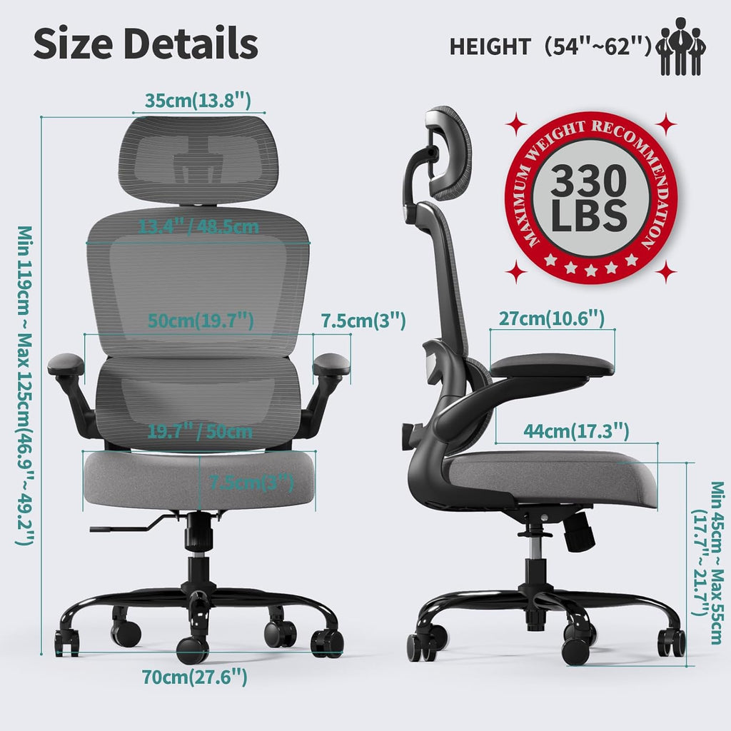 TRALT Office Chair Ergonomic Desk Chair, 330 LBS Home Mesh Office Desk Chairs with Wheels, Comfortable Gaming Chair, High Back Office Chair for Long Hours (Dark Grey)