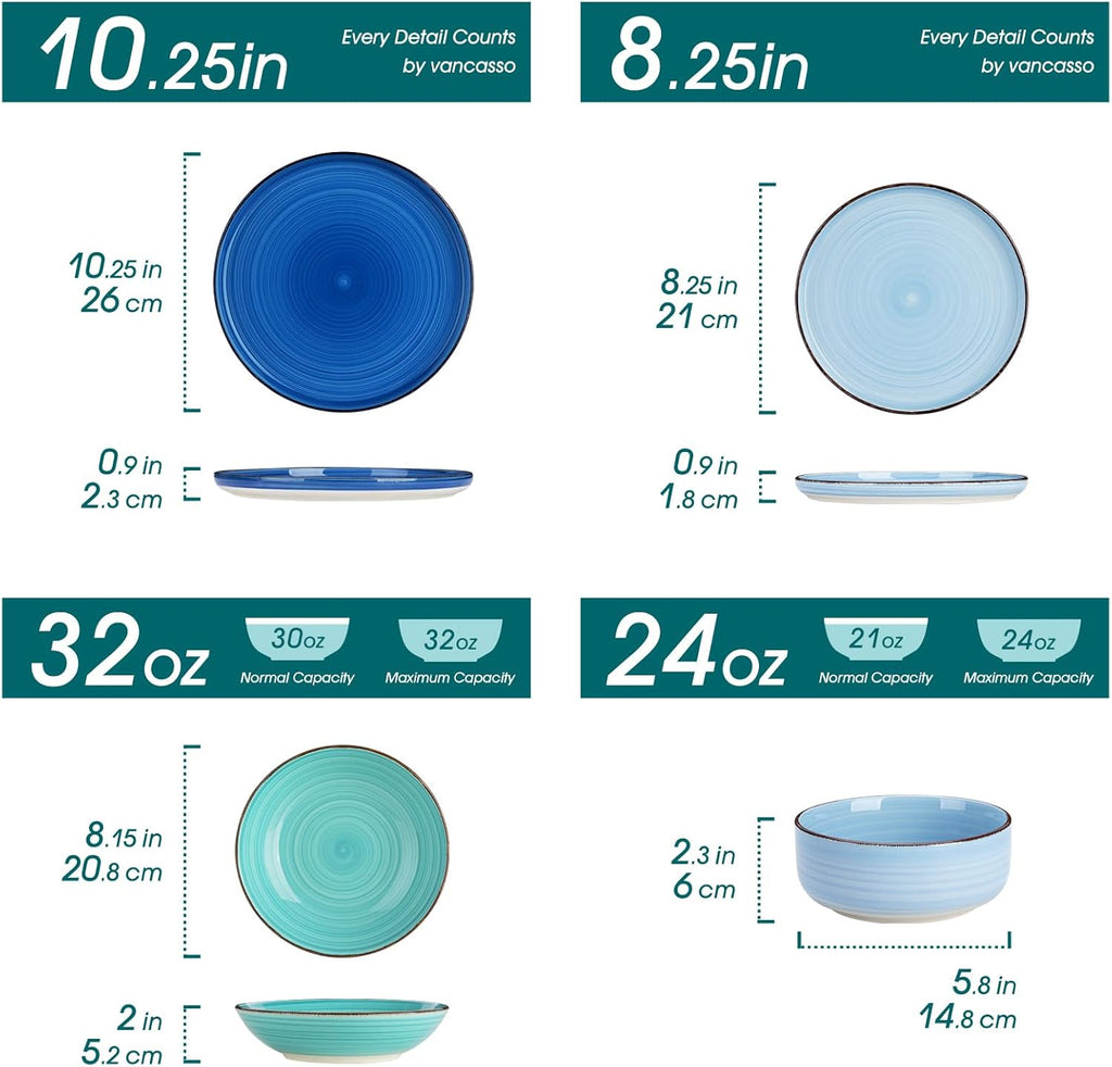 vancasso Bonita Dinnerware Sets 24 Pieces, Blue Stoneware Dishes Set for 6, Dinner Platers with Bowls Set, Dishwasher and Microwave Safe