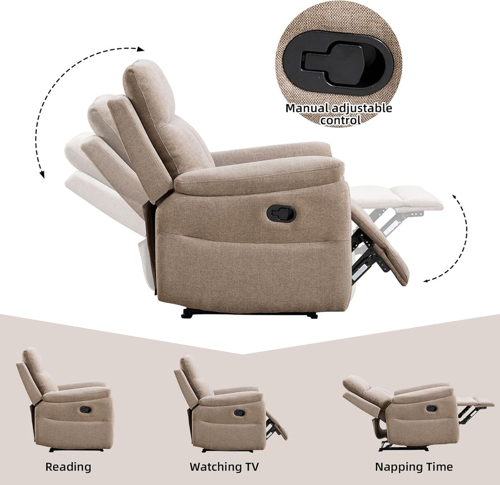 Manual Recliner Chair, Soft Fabric Recliner Chair for Adults with Overstuffed Arms and Back, Single Sofa for Living Room (Camel)