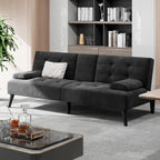 Shintenchi Futon Sofa Bed, Velvet Foldable Couch, Reclining Sleeper with Removable Armrests, Upholstered Loveseat Sofa Couch with Folding Cup Holders for Home, Office(Black)
