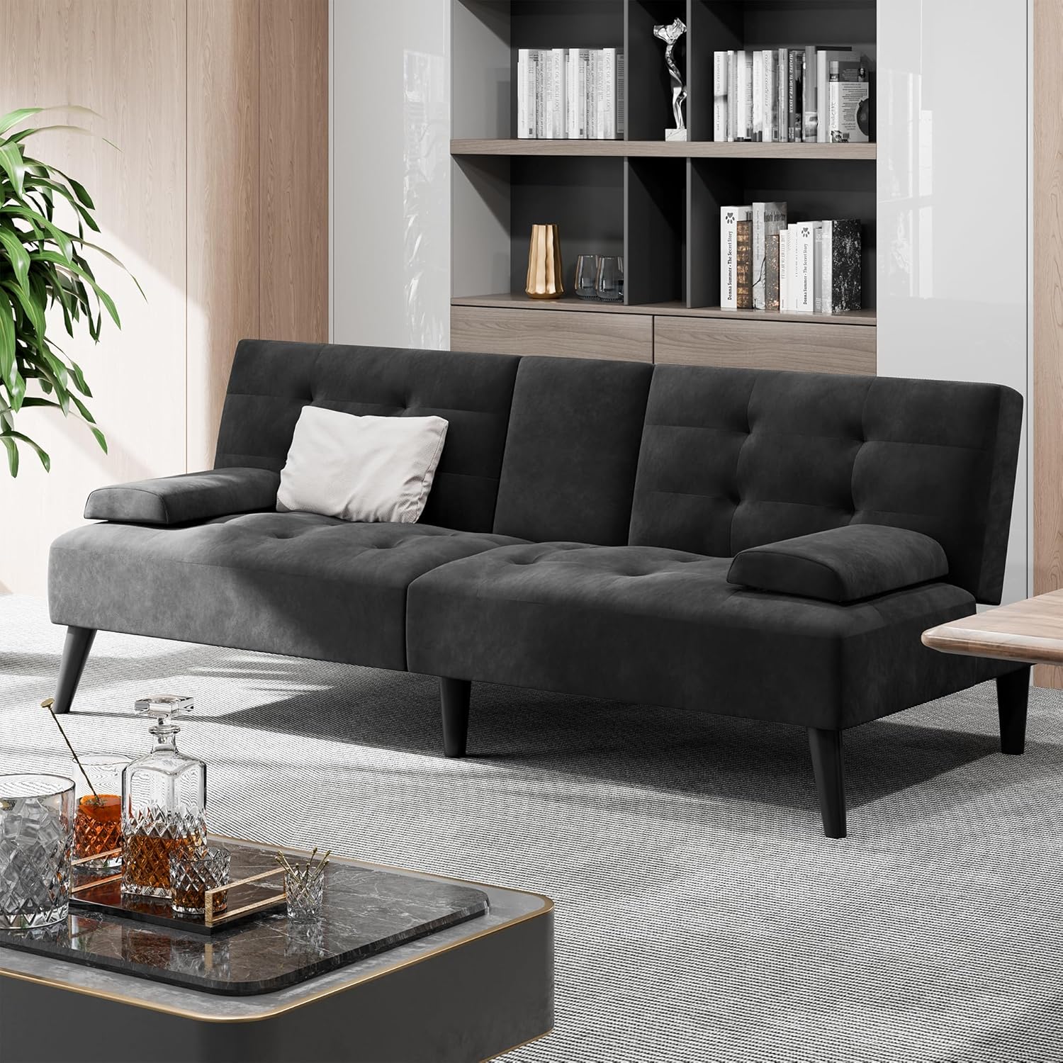 Shintenchi Futon Sofa Bed, Velvet Foldable Couch, Reclining Sleeper with Removable Armrests, Upholstered Loveseat Sofa Couch with Folding Cup Holders for Home, Office(Black)