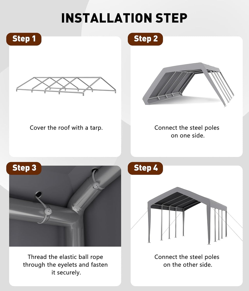 13x25 ft Carport Canopy Replacement Cover, Heavy Duty 200G PE Waterproof Canopy Top, UV-Resistant & Windproof Tarp for Outdoor Carport Tent, Patio, Car, Boat & Garage-Grey