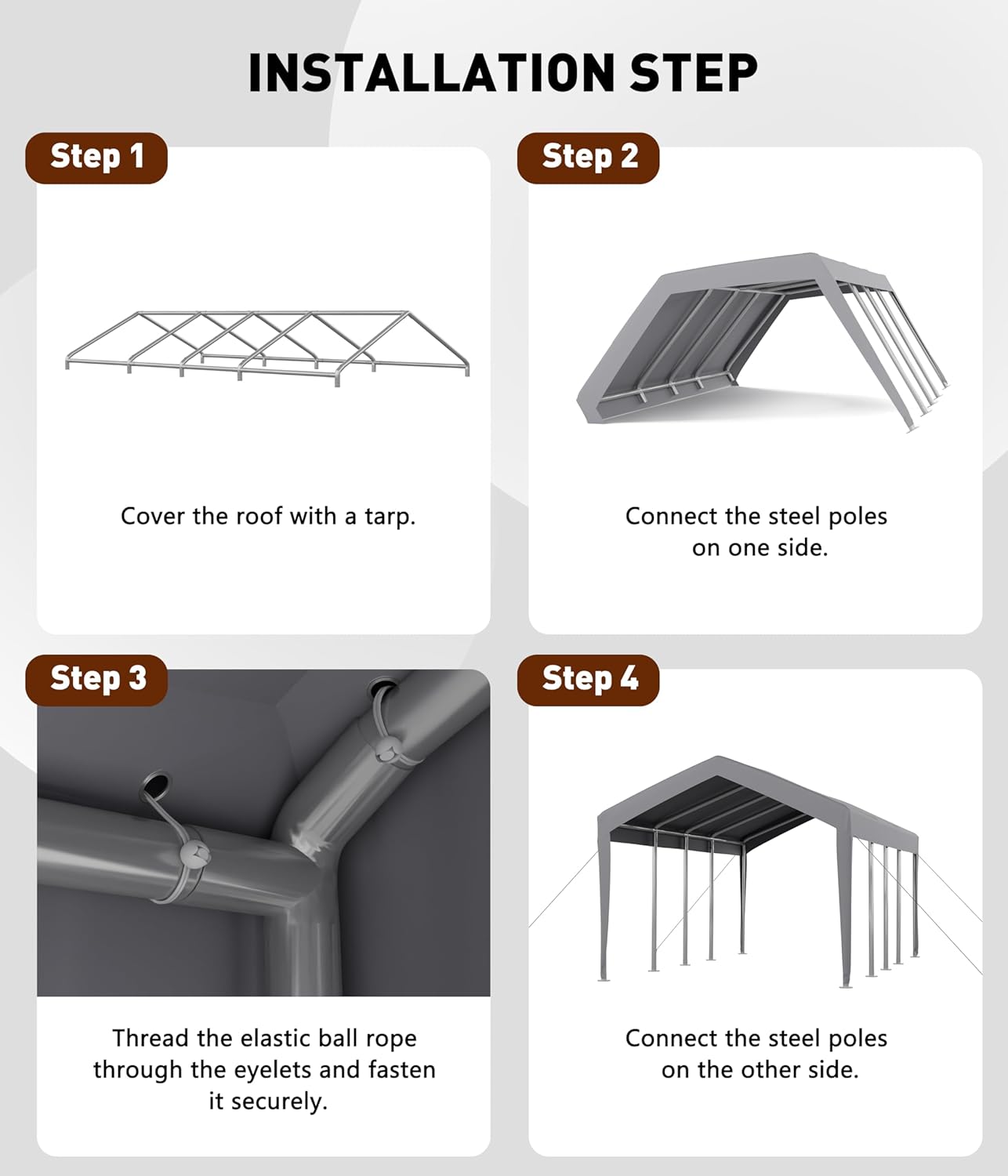13x25 ft Carport Canopy Replacement Cover, Heavy Duty 200G PE Waterproof Canopy Top, UV-Resistant & Windproof Tarp for Outdoor Carport Tent, Patio, Car, Boat & Garage-Grey