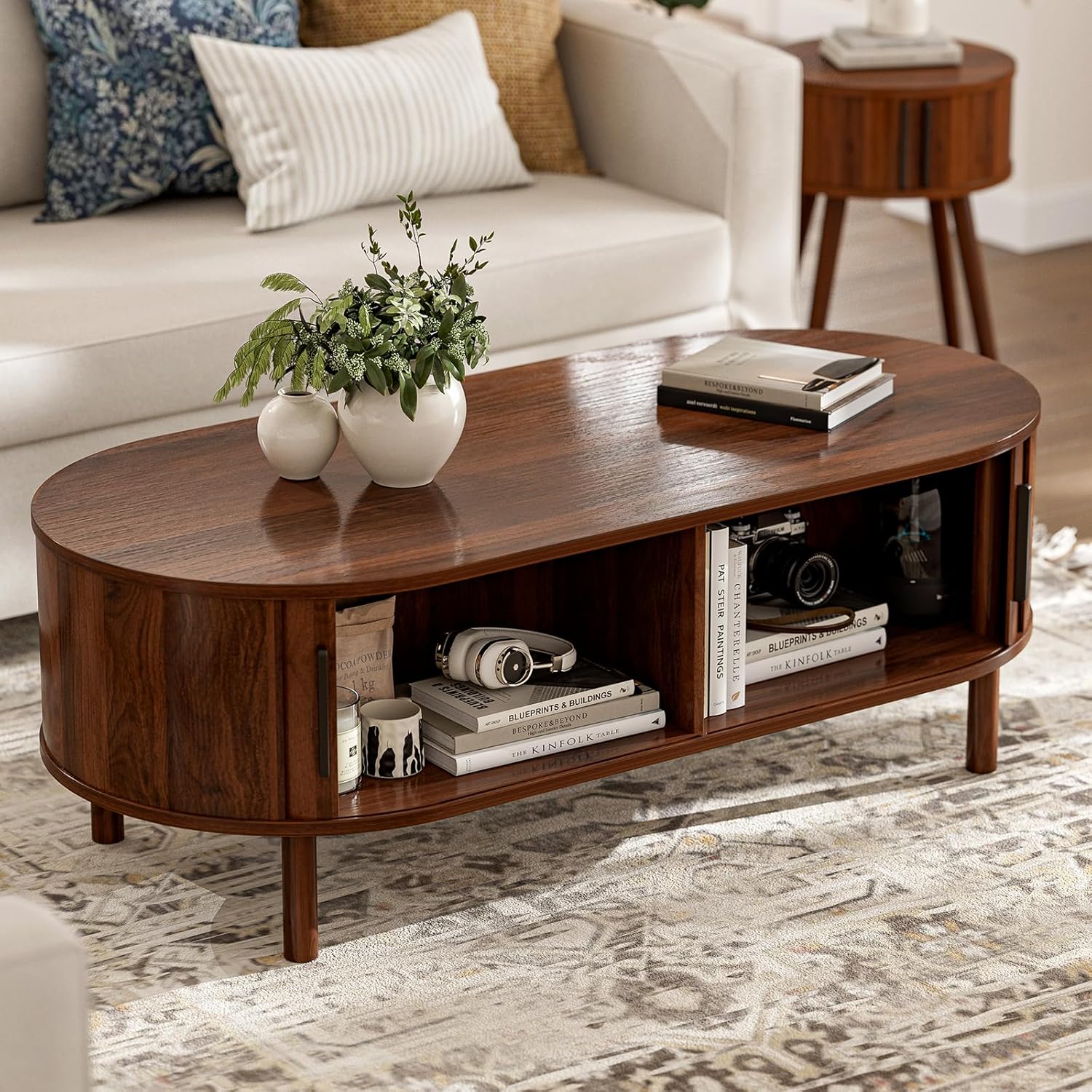 ZttRiee Coffee Table for Living Room, Modern Oval Coffee Table with Cabinets & Sliding Doors, Home Small Space, 47.2" Fluted Center Table, Walnut
