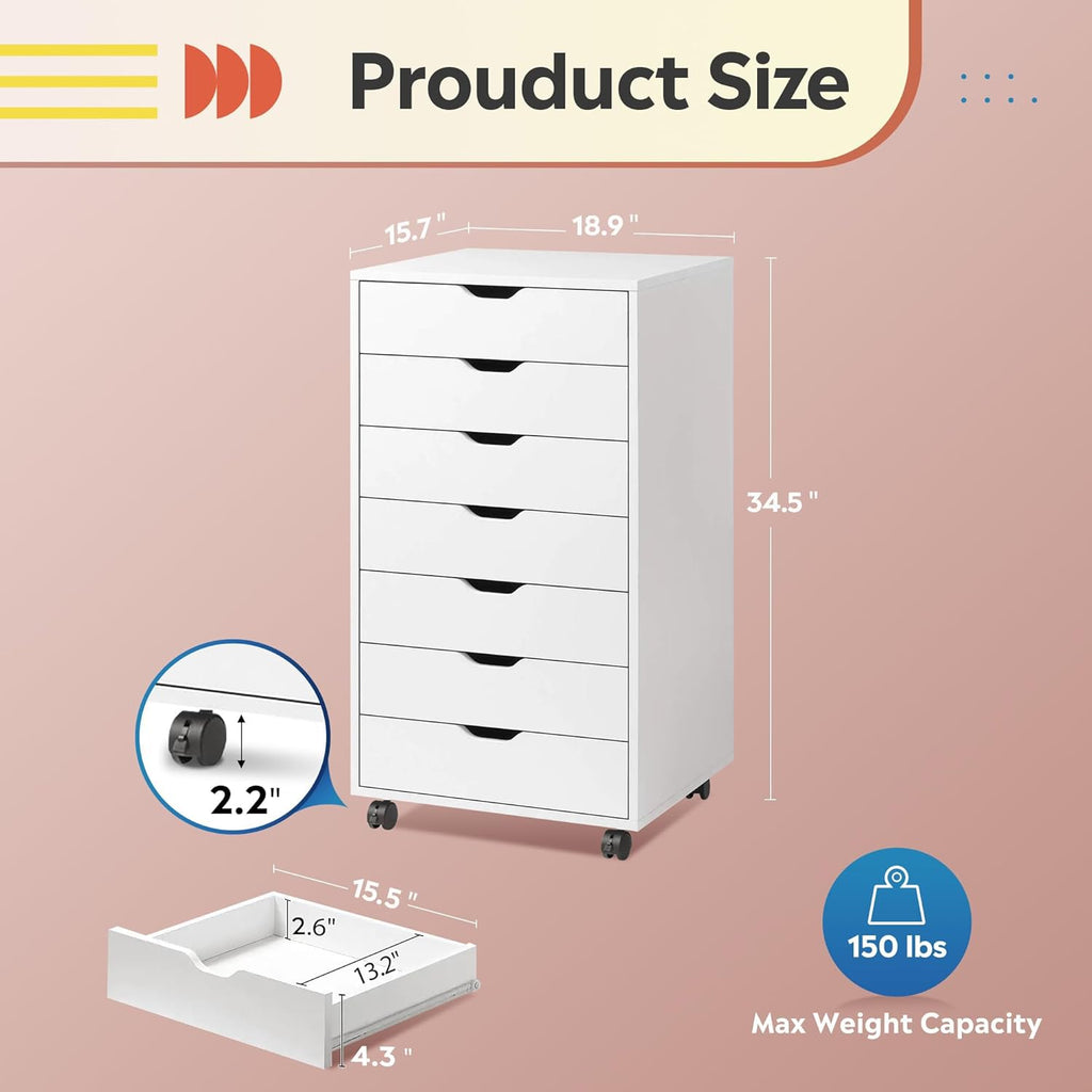 DEVAISE 7-Drawer Office Cabinets, Wood Storage Drawer File Cabinet with Wheels, White