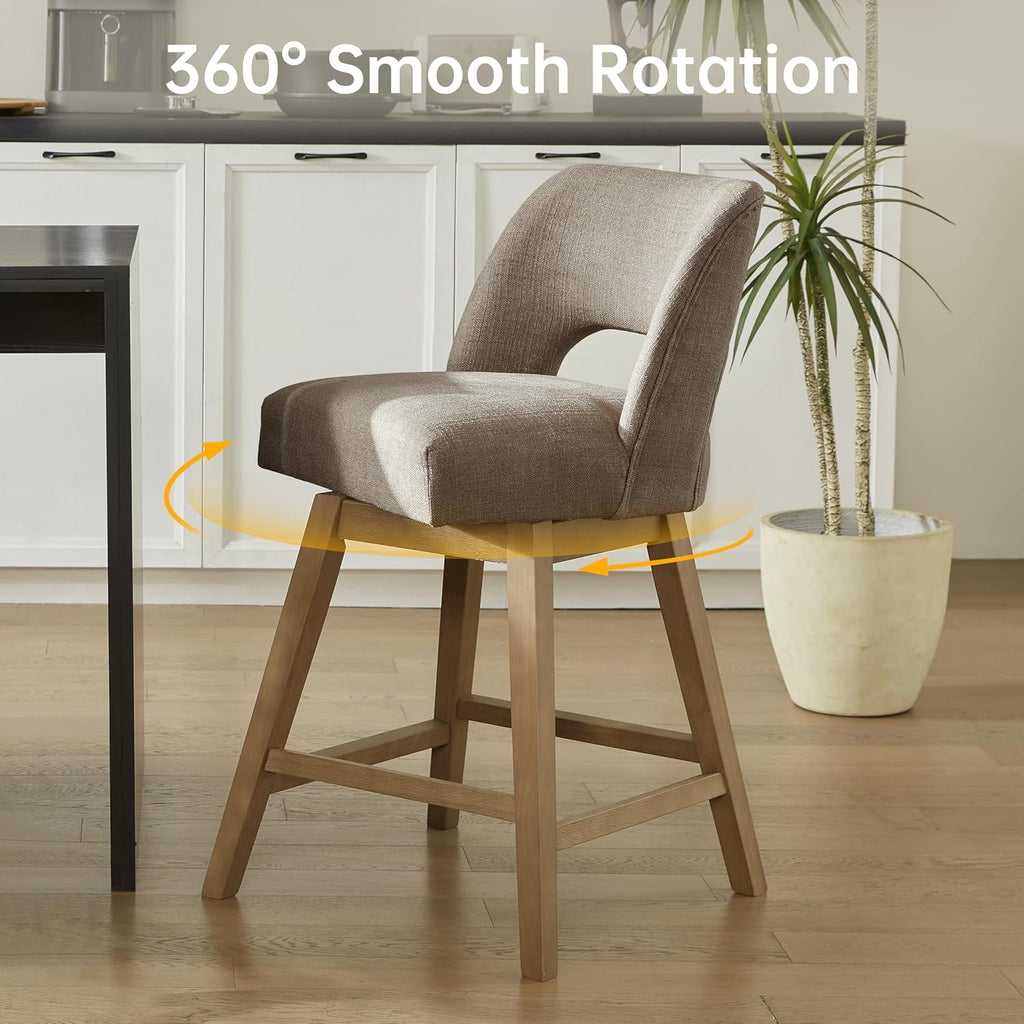 VKNOW 27" Swivel Bar Stools Set of 2, Upholstered Counter Height Bar Stools with Backrest and Rubberwood Legs, Fabric Barstools for Kitchen Island, Breakfast Bar, Living Room, Dining Room, Brown