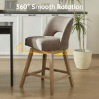 VKNOW 27" Swivel Bar Stools Set of 2, Upholstered Counter Height Bar Stools with Backrest and Rubberwood Legs, Fabric Barstools for Kitchen Island, Breakfast Bar, Living Room, Dining Room, Brown