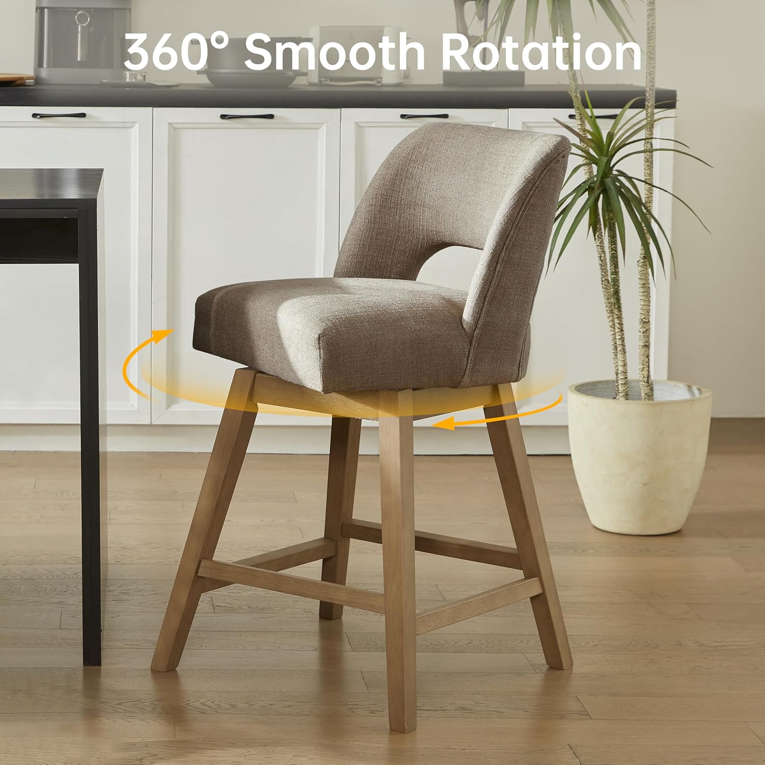 VKNOW 27" Swivel Bar Stools Set of 2, Upholstered Counter Height Bar Stools with Backrest and Rubberwood Legs, Fabric Barstools for Kitchen Island, Breakfast Bar, Living Room, Dining Room, Brown