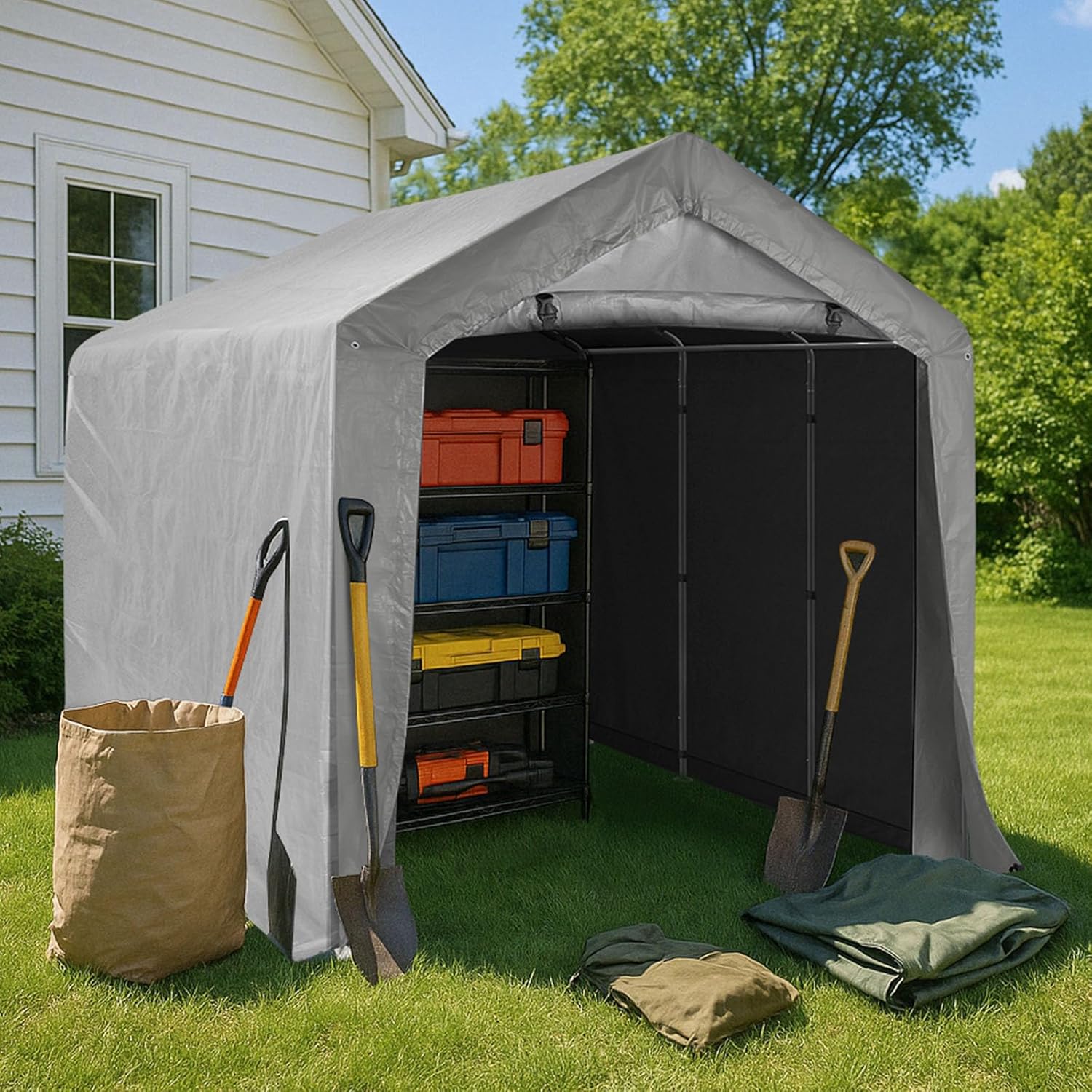 VINGLI Outdoor Portable Storage Shed, Heavy Duty Bike Tent with Roll-up Zipper Door, Waterproof and UV Resistent Carport for Motorcycle, Garden Tools and Firewood (Gray, 8x12x6.8 FT)