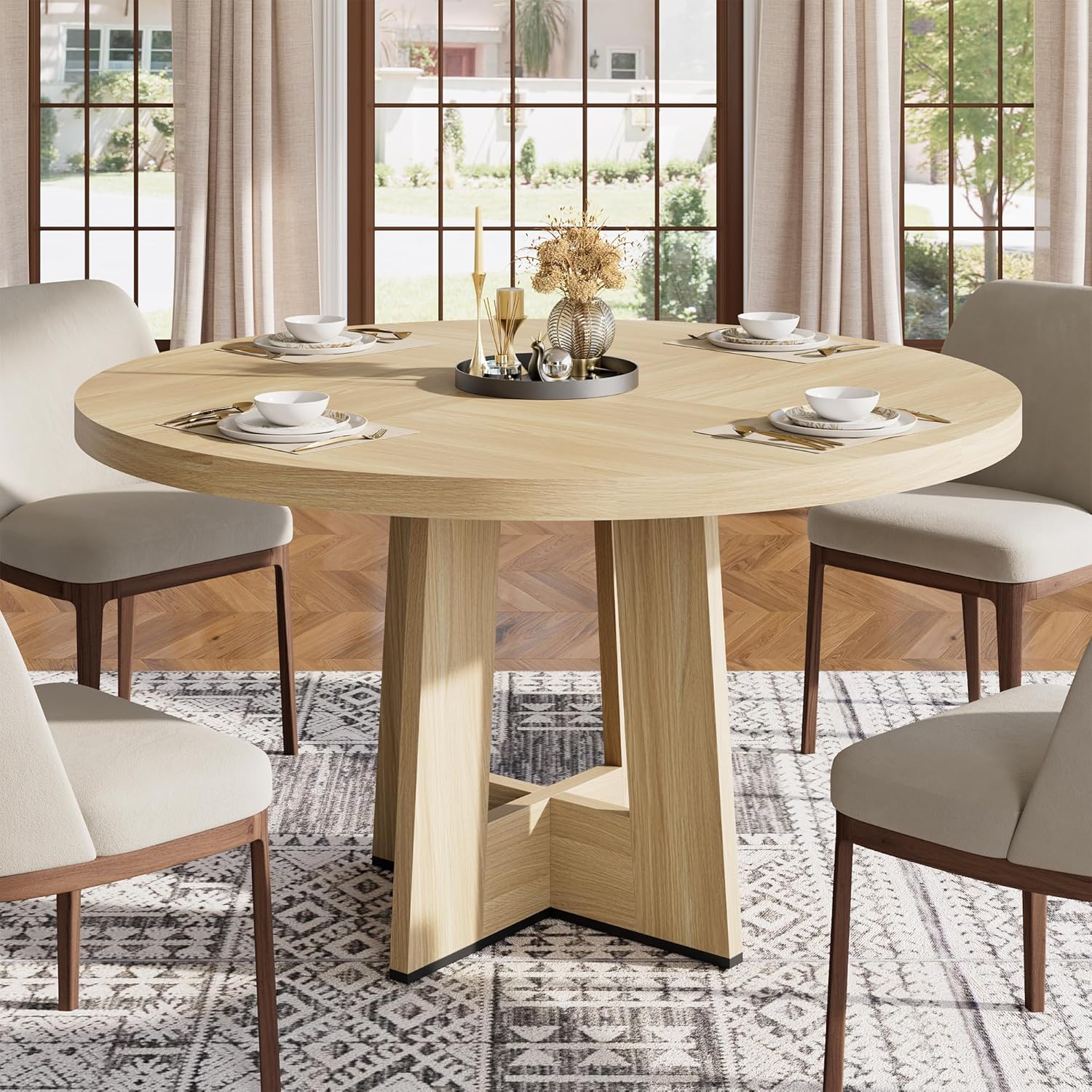 Garvee 47" Round Dining Table for 4-6 People - Circle Kitchen Dinner Table with Sturdy Pedestal Base, Space Saving Dinning Room Furniture for Living Room, Kitchen, Apartment, Natural
