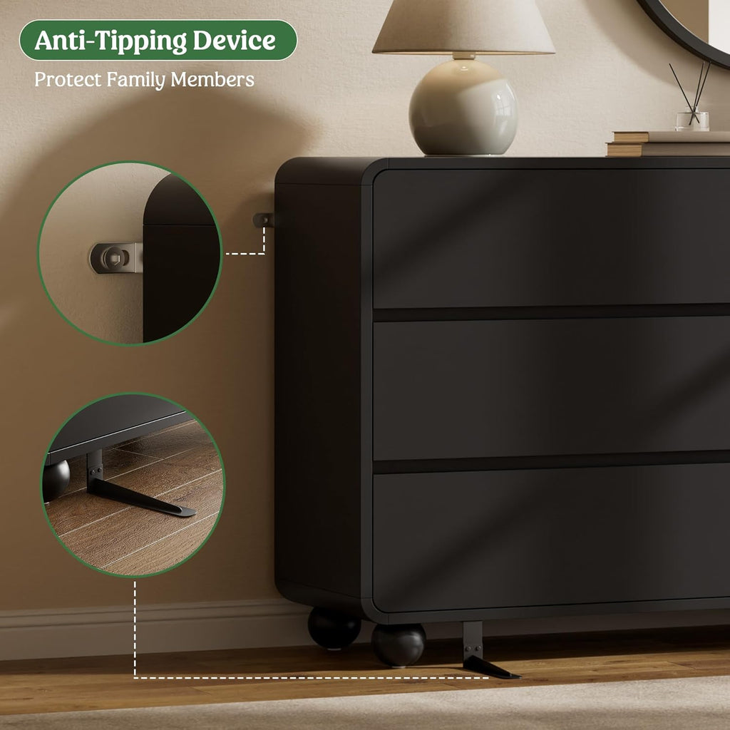 Lulive Wood Dresser for Bedroom, 53” Wide Chest of Drawers with 6 Drawers, Modern Closet Storage Drawer with Curved Profile Design for Living Room, Hallway, Entryway, Black