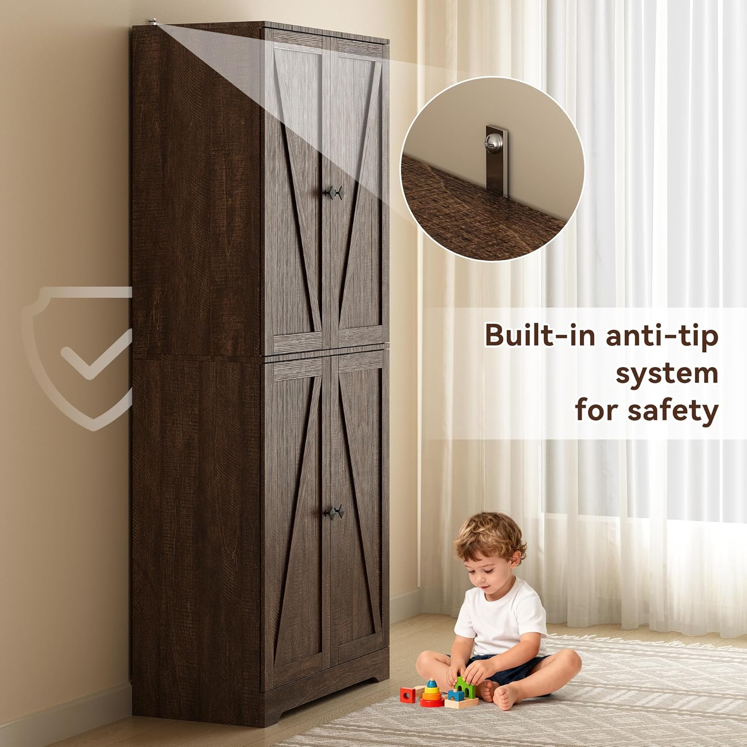 Kitchen Pantry Cabinet Set of 3, 72” Tall Farmhouse Storage Cabinet with 4 Barn Doors and Adjustable Shelves, Pantry Cabinet Versatile Storage for Kitchen, Living Room, Brown
