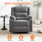 360°Swivel Rocker Recliner Chair for Adults,Manual Glider Recliner Sofa with Massage and Heating, Nursery Rocking Chairs with Cup Holds for Living Room Bedroom (Grey)