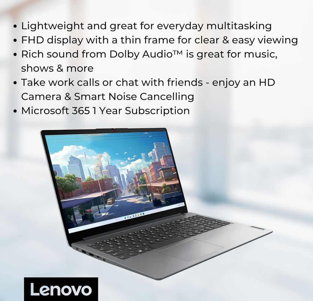 Lenovo IdeaPad 1 Student Laptop  15.6" FHD Display  Intel Dual Core Processor  12GB RAM  512GB SSD + 128GB eMMC  1 Year Office 365  Wi-Fi 6  Webcam  Bluetooth  SD Card Reader  Windows 11 Home  Grey