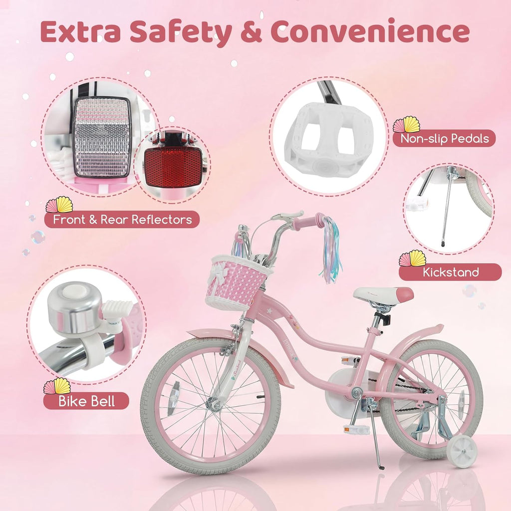 BABY JOY Kids Bike, 12" 14" 16" 18" Mermaid Girls Bike for 3-8 Years Old w/Basket, Training Wheels, Hand & Coaster Brakes, Adjustable Seat & Handlebar, 20" Children Bicycle with Kickstand for 8+