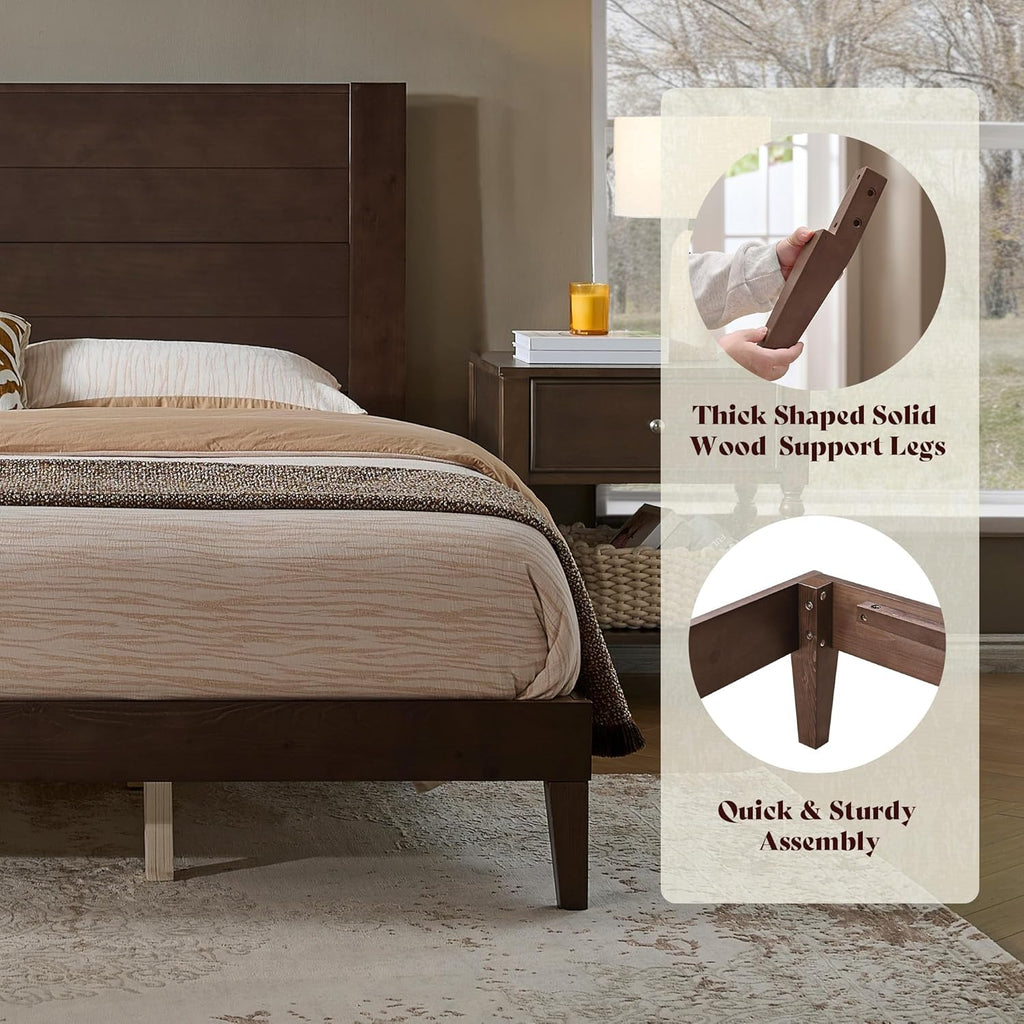AMERLIFE King Sizes Solid Wood Bed Frame with 48" Headboard, Mid Century Modern Platform Bed with Silent Wood Slat System, No Box Spring Needed, Under-Bed Storage, Walnut